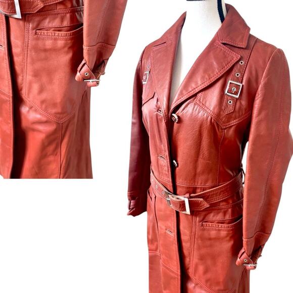 70'S VINTAGE RARE RUST‎ BURNT ORANGE BUCKLE TRENCH COAT JACKET S/M - Picture 3 of 7